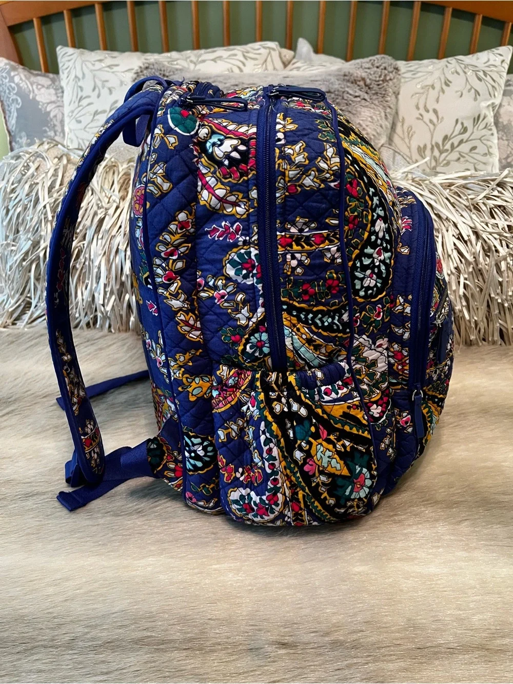 VERA BRADLEY Romantic Paisley 2018 Iconic XL Campus Backpack Blue Yellow Laptop